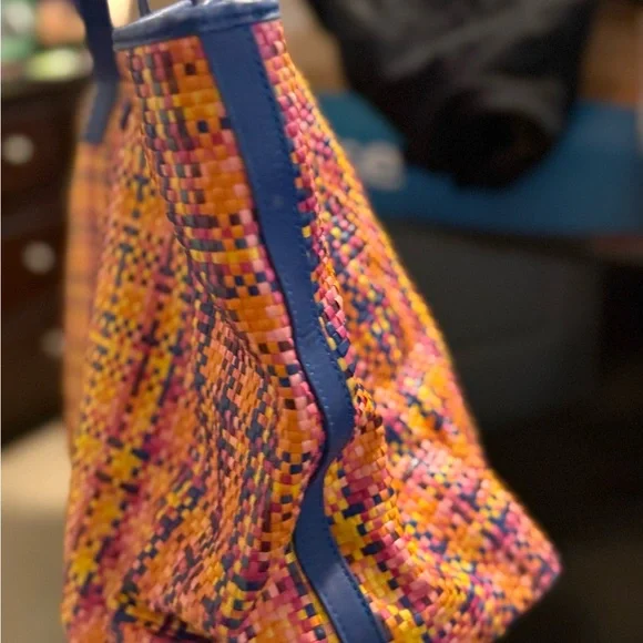 Tory Burch Colorful Woven Tote with Blue Handles - Picture 5 of 15